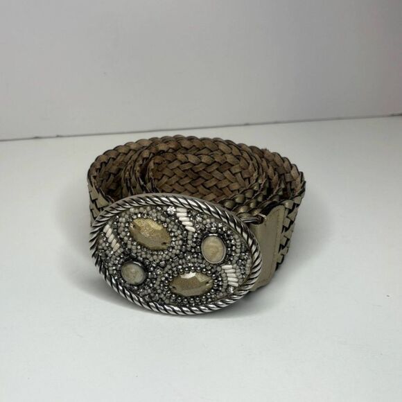 Chico's Leather Braided Rhinestone Studded Leather Buckle Belt Womens Designer - Picture 2 of 6